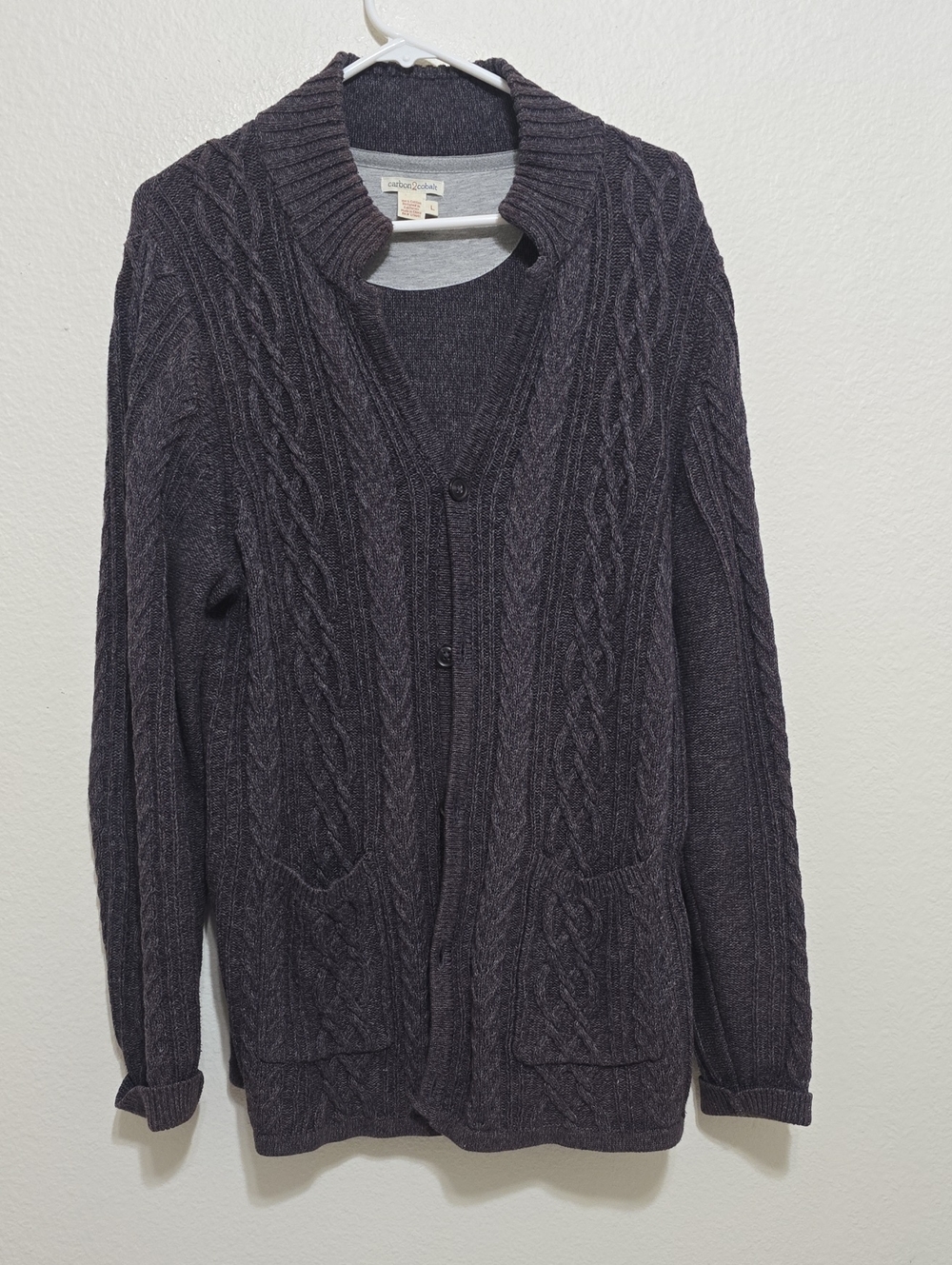 Carbon 3 Colbat Men's Dark Charcoal/ Purple Cable Knit Shawl Collar Cardigan